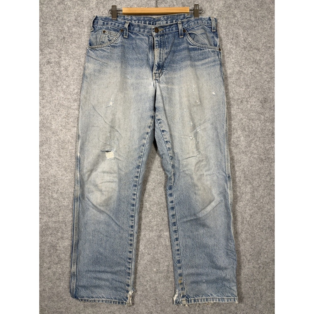 Dickies Jeans Mens 34 Light Wash Blue Distressed Straight Leg Denim Made Mexico